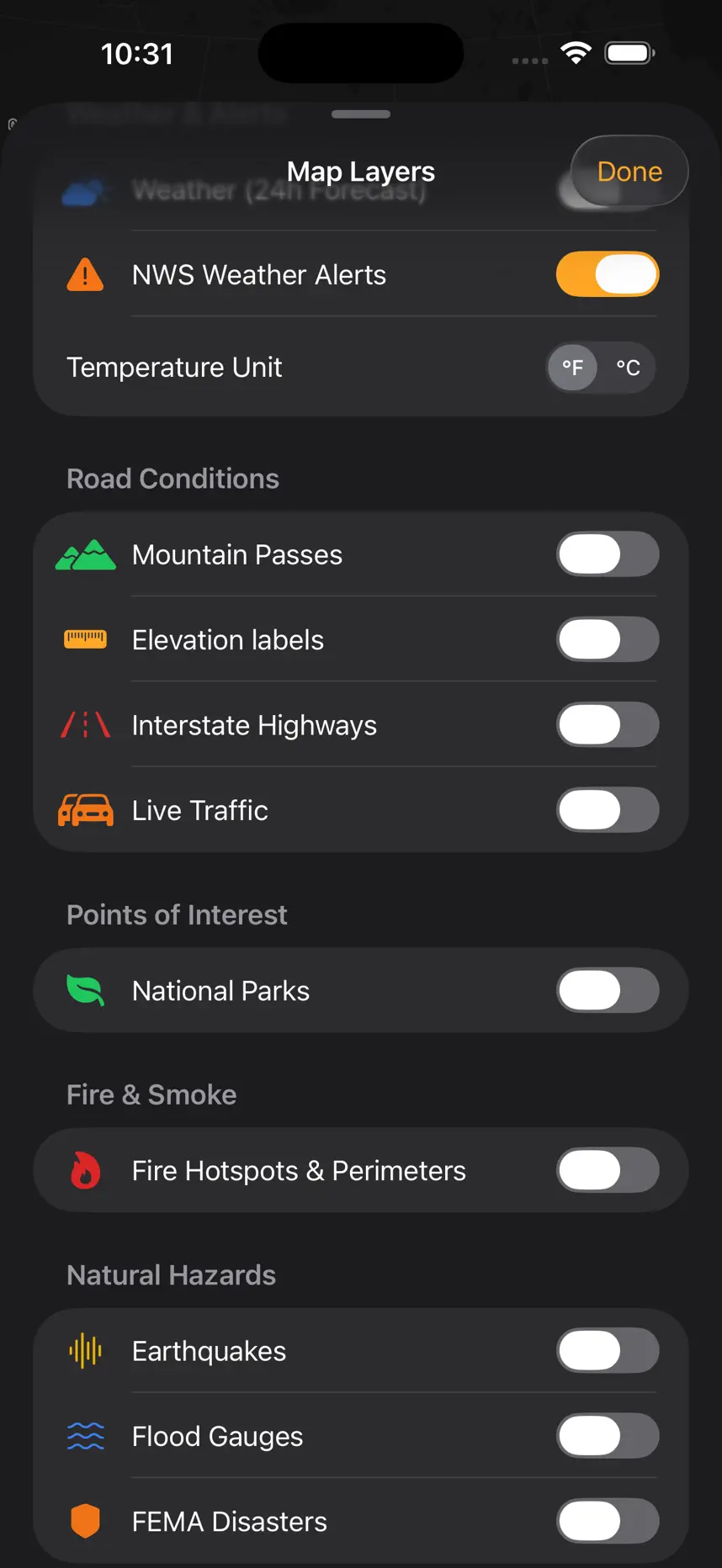 TruckerRoute iOS app: Toggle every data layer