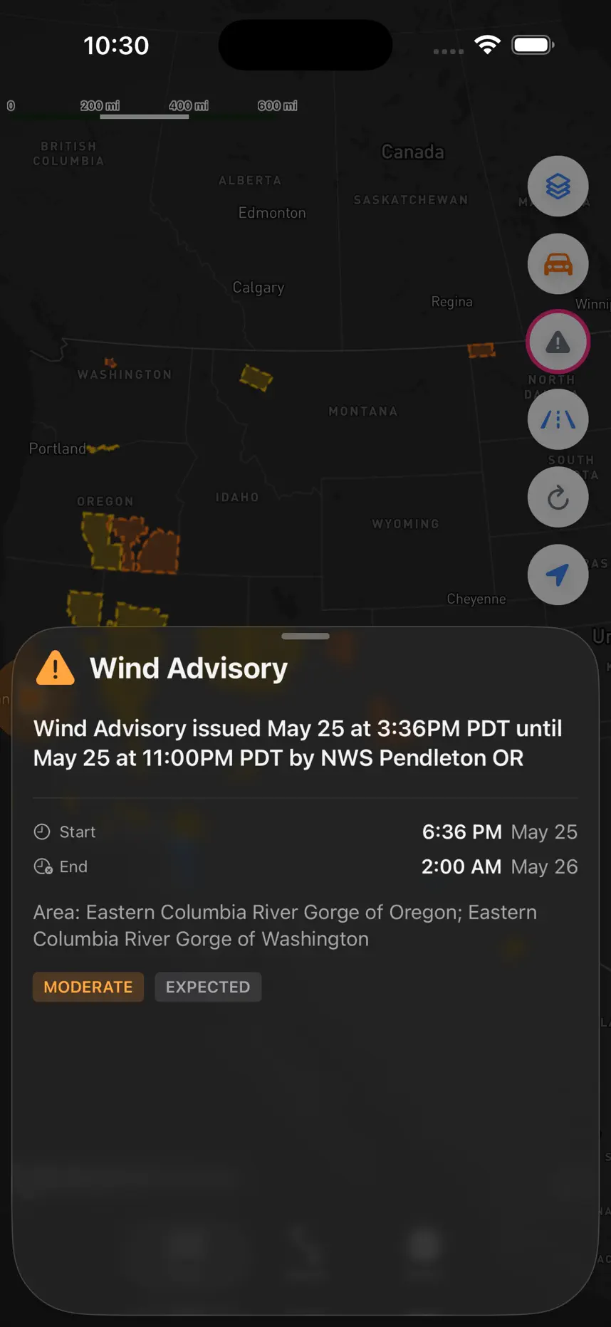 TruckerRoute iOS app: NWS weather alerts in context