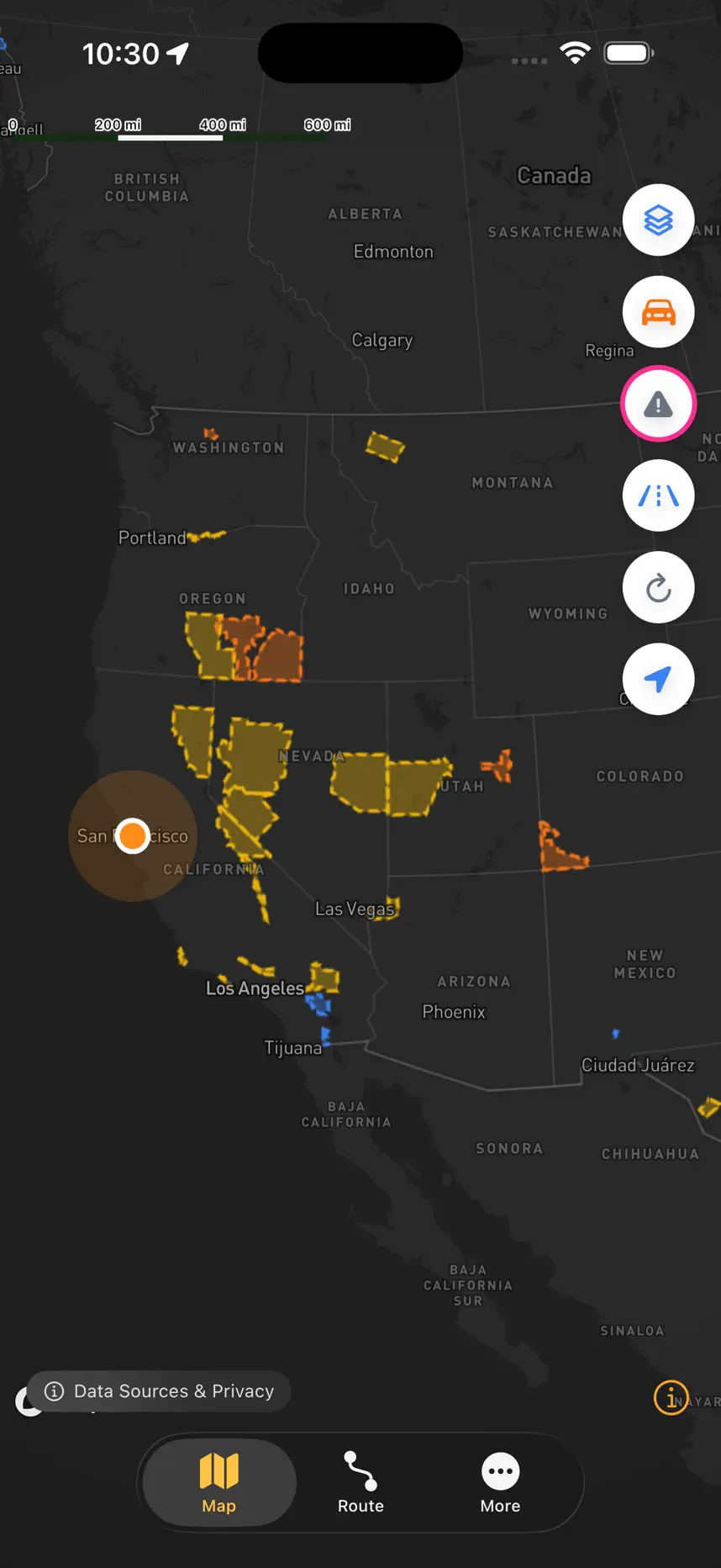 TruckerRoute iOS app: Wildfire perimeters on your route