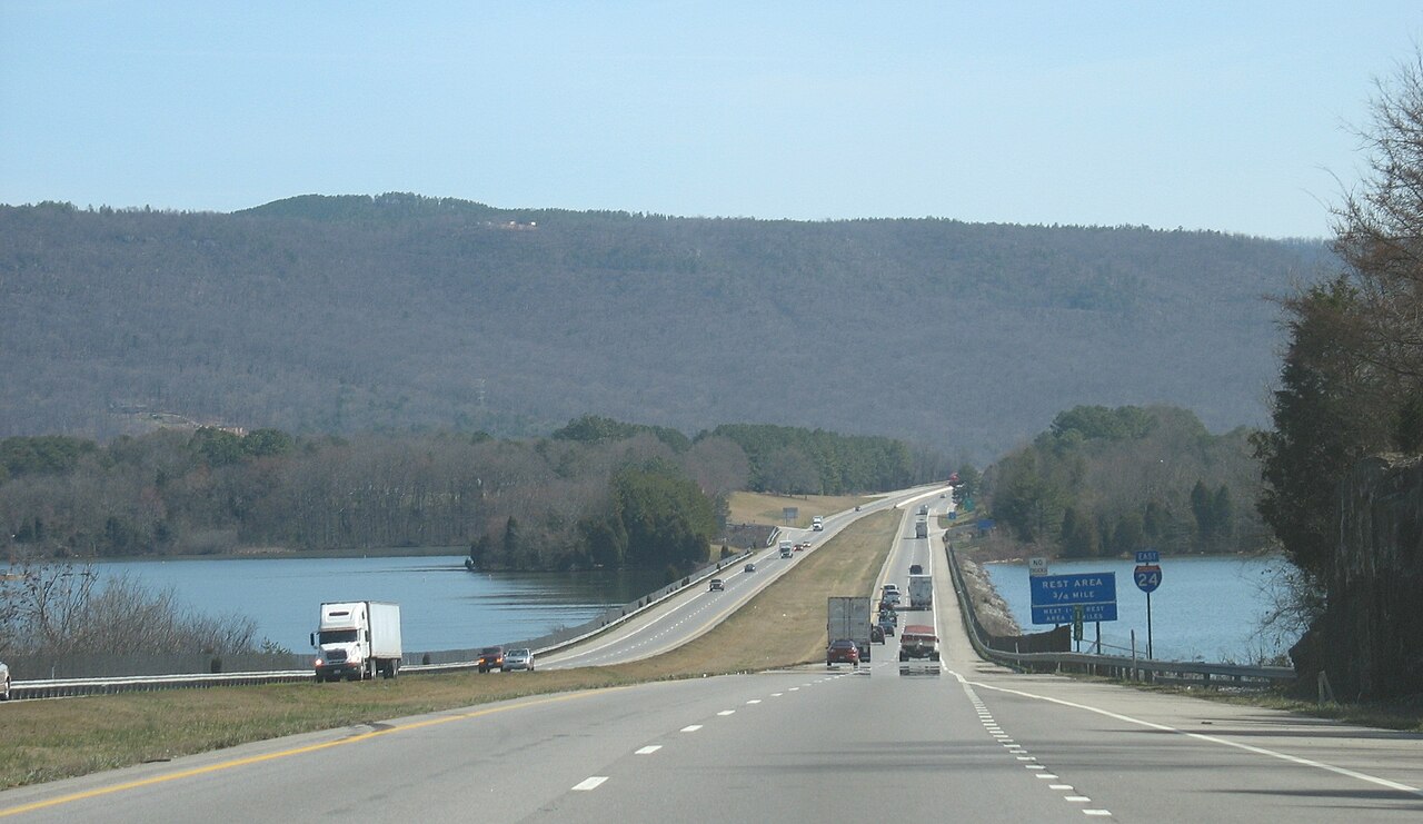 I-24 crossing the Nickajack Lake causeway with the Cumberland Plateau ridge ahead, Tennessee