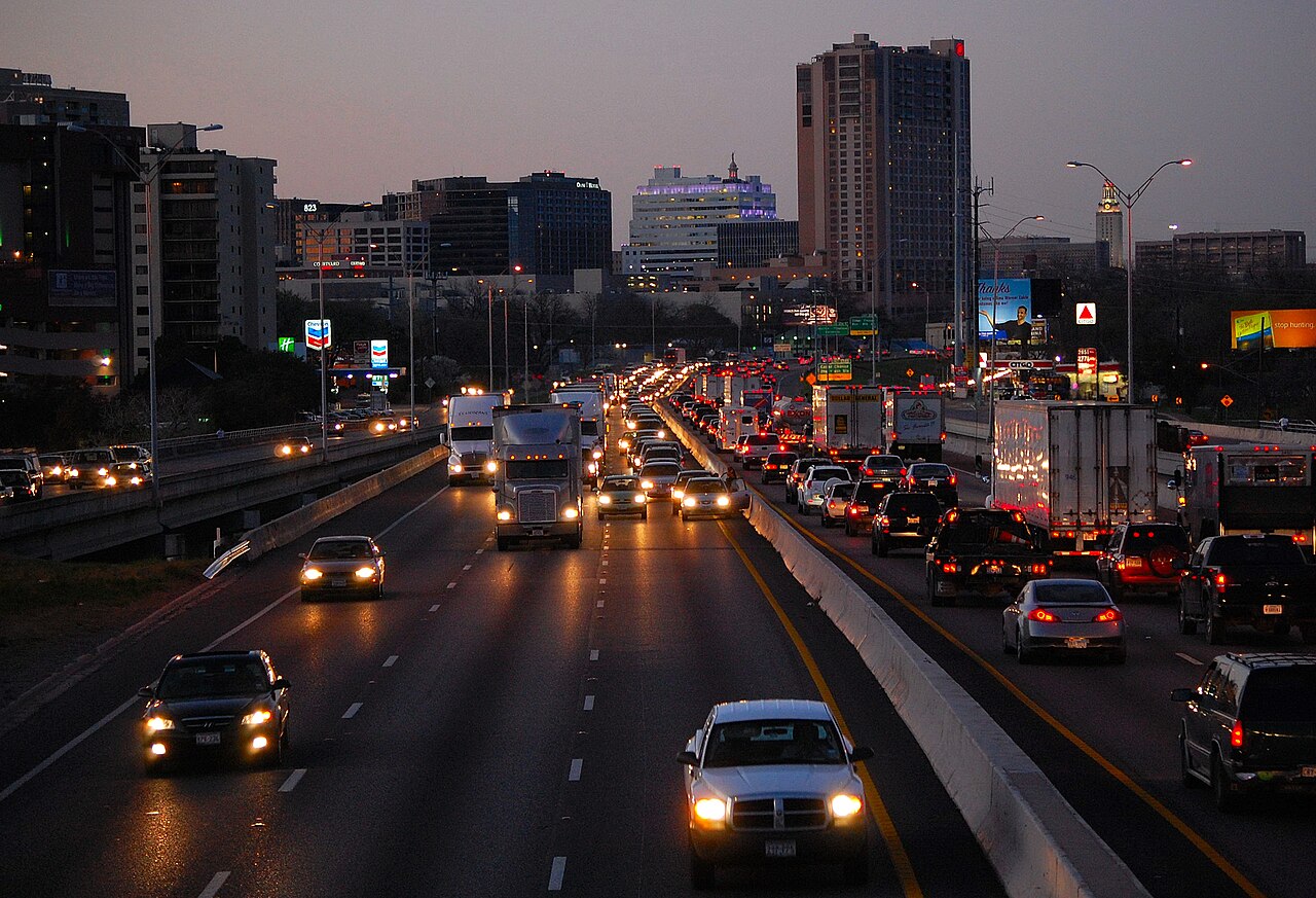 I-35 alongside the downtown Austin skyline at dusk, Texas