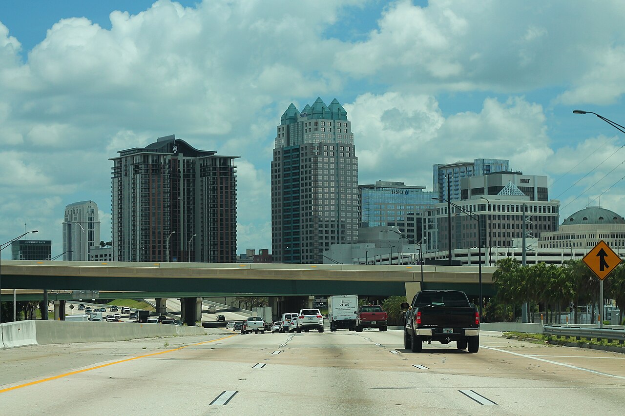 Eastbound I-4 traffic with the downtown Orlando skyline ahead, Florida