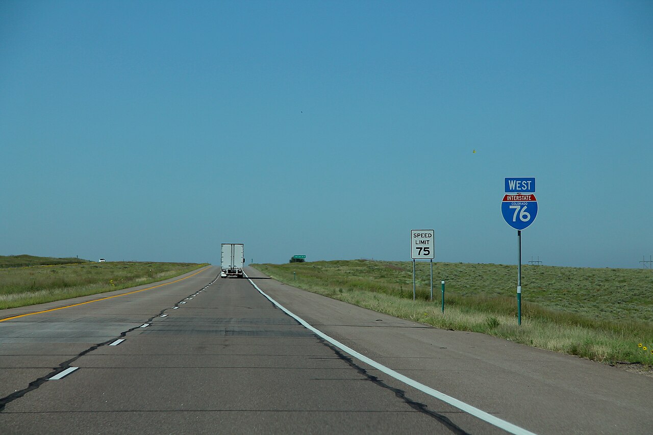 I-76 westbound across the eastern plains of Colorado near mile marker 165