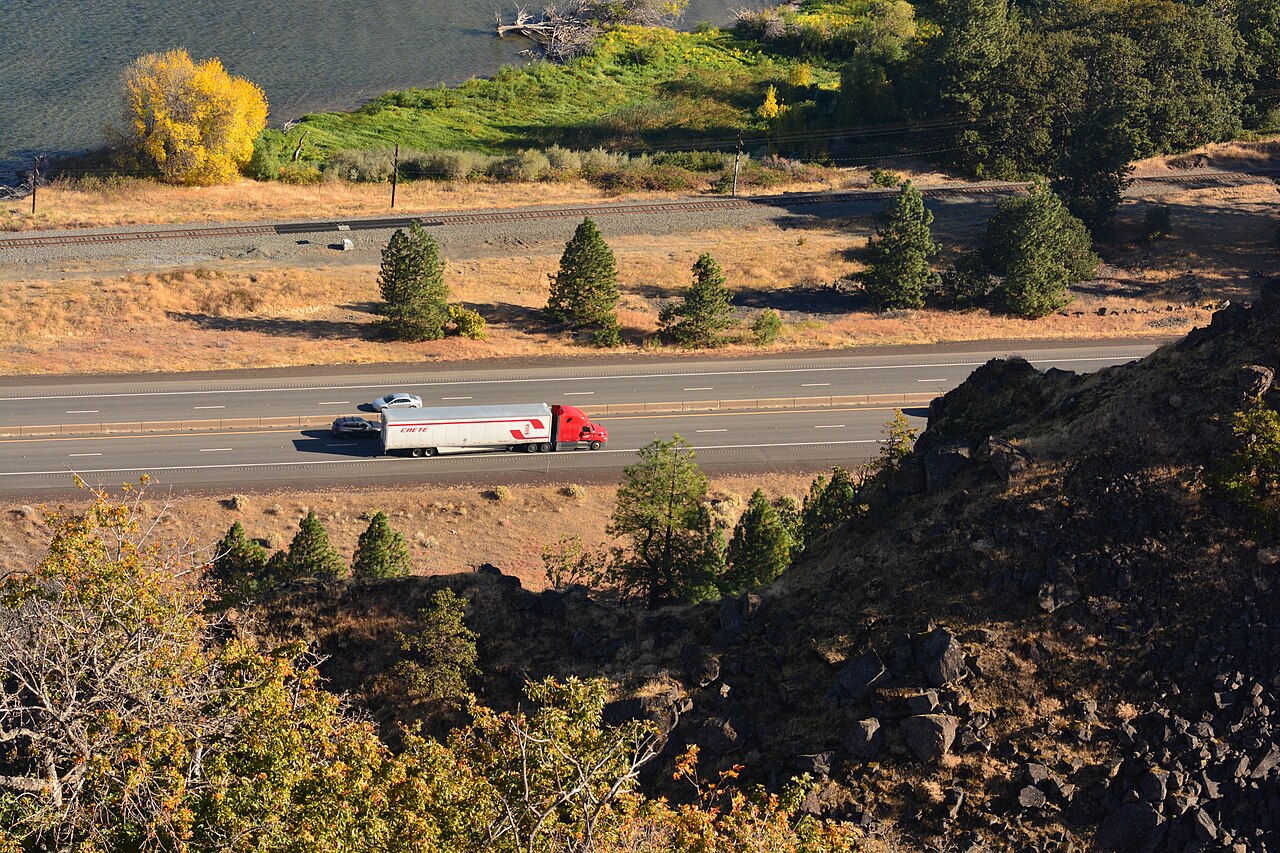 I-84 through the Columbia River Gorge, seen from Rowena Crest Viewpoint, Oregon