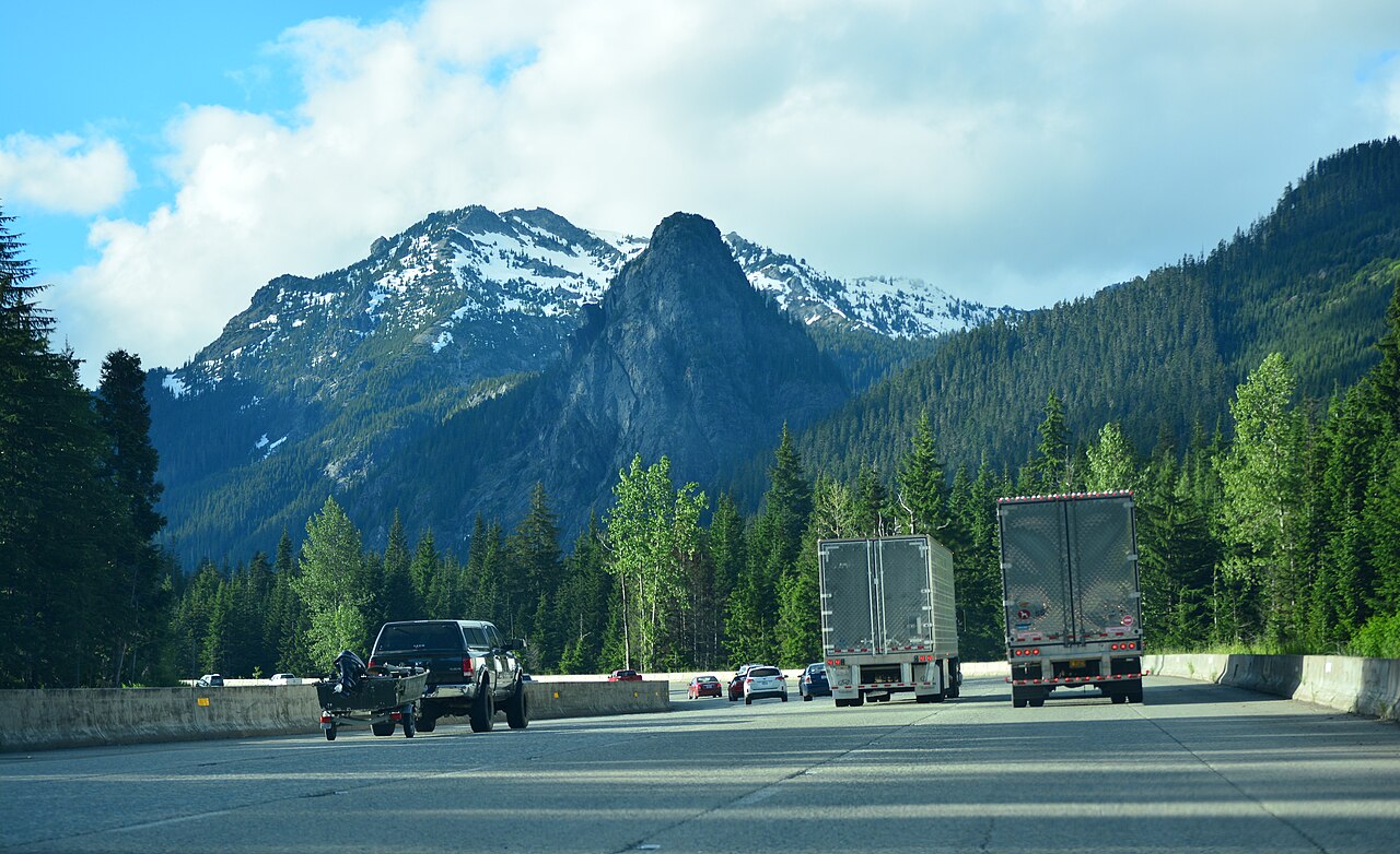 I-90 westbound through Snoqualmie Pass, Washington, with Guye Peak ahead