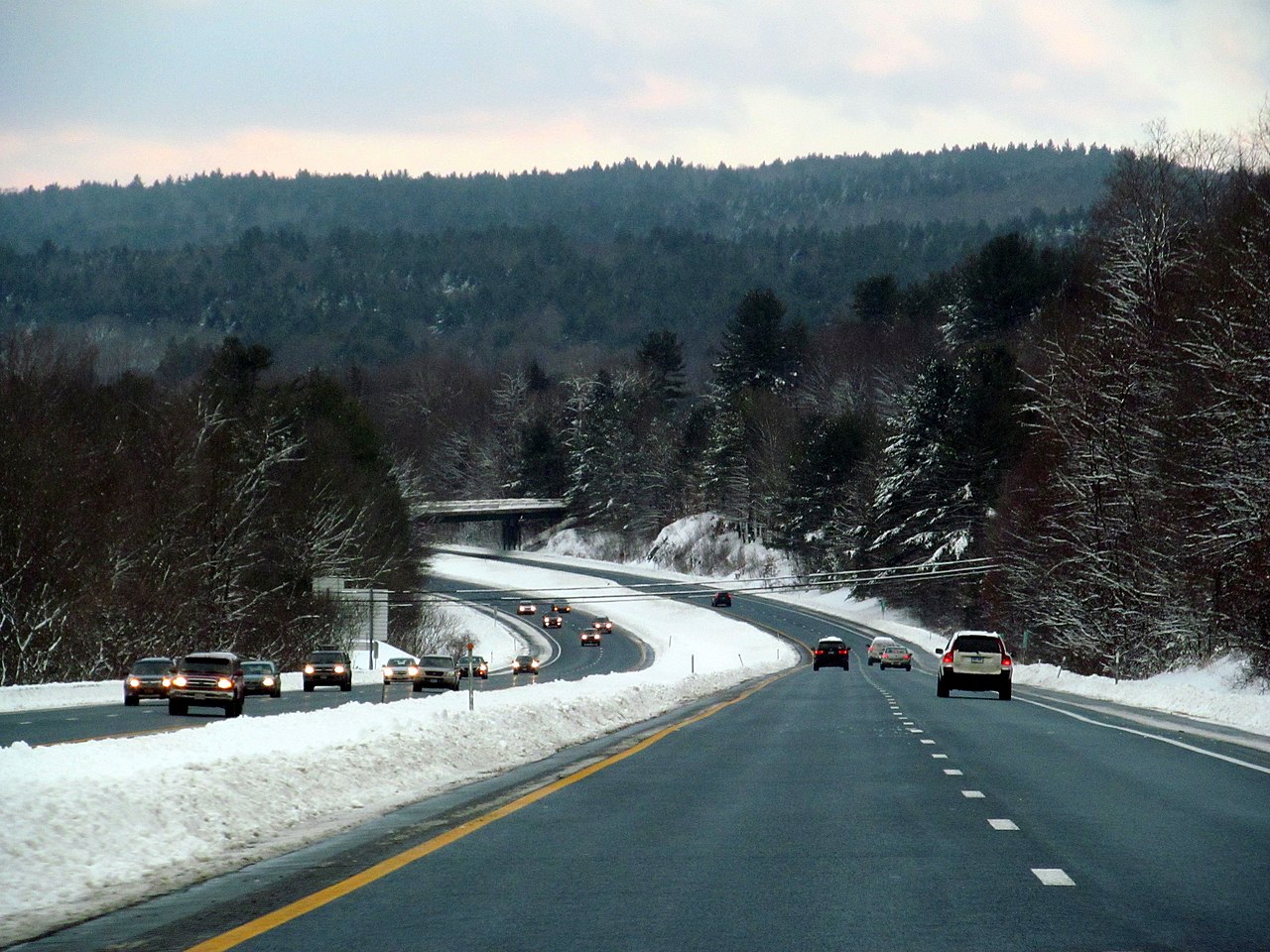 I-91 southbound through the snowy hills of Westminster, Vermont