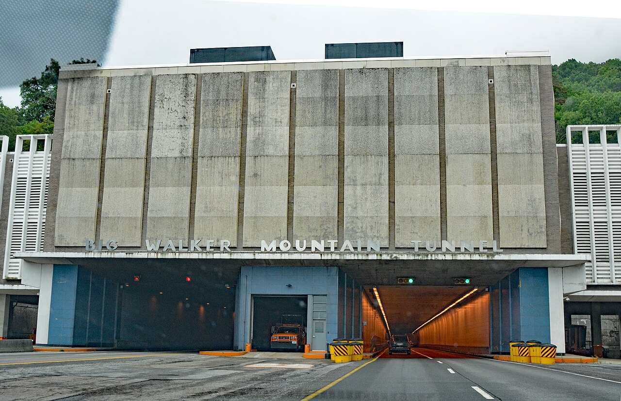 Interstate 77 climbs through the forested slopes of Big Walker Mountain toward the north portal of its tunnel in southwest Virginia.
