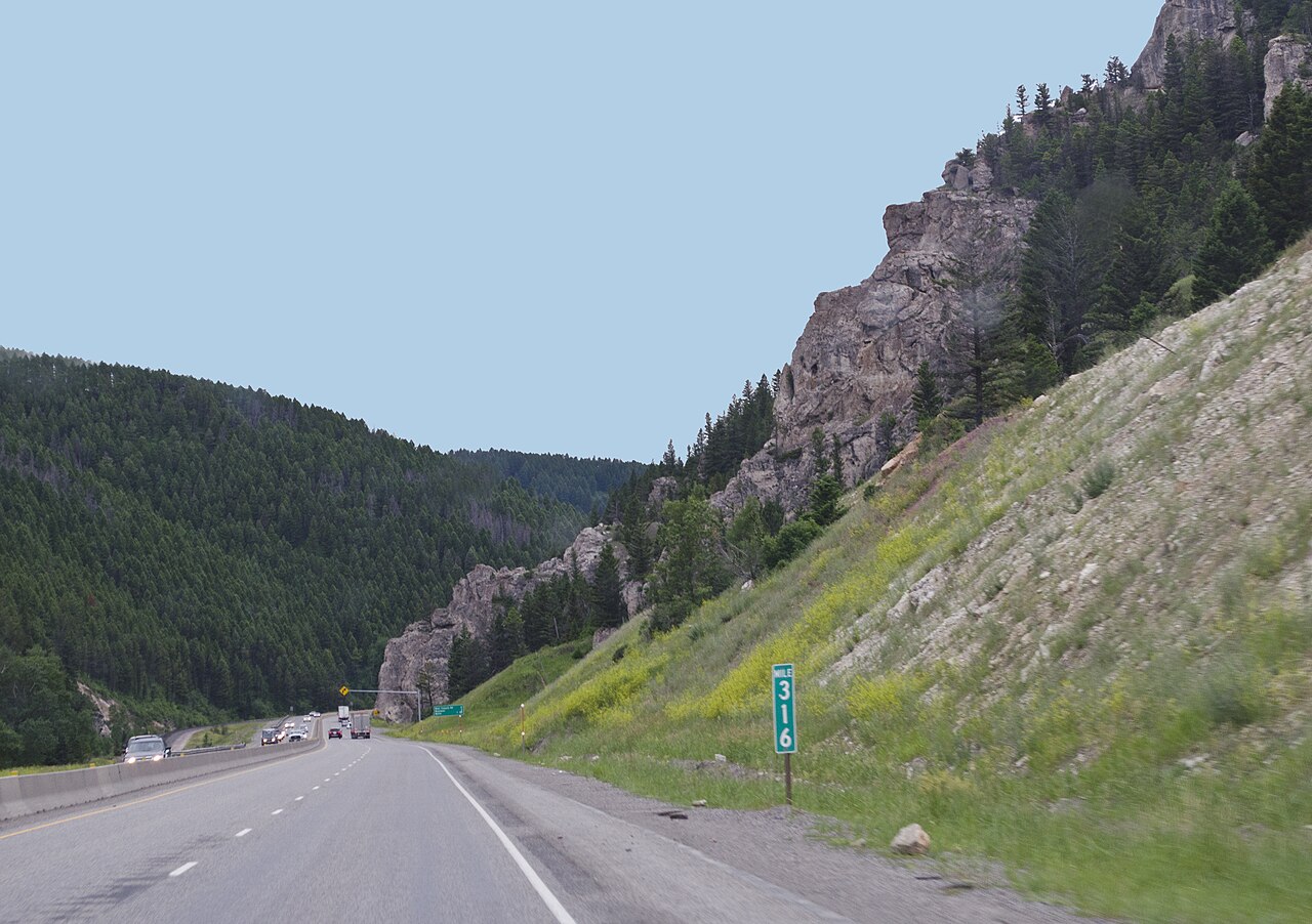 Looking west along Interstate 90 as it climbs through Bozeman Pass in southwestern Montana.