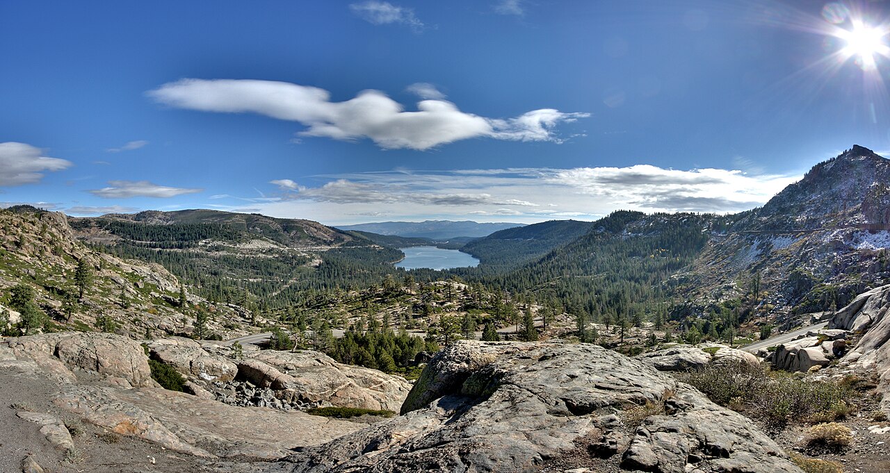 Donner Lake and the Sierra Nevada from the old pass road above I-80
