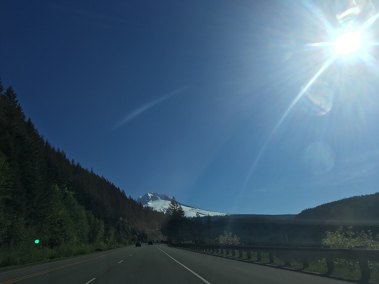Mount Hood rises above US-26 near Government Camp, the high point of the Mt. Hood Highway that truckers cross at roughly 3,950 feet.