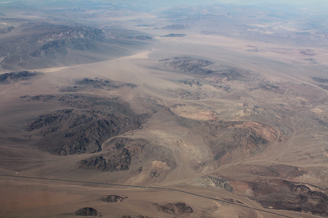 Open Mojave Desert terrain in the Halloran Springs area beside Interstate 15, near Halloran Summit in San Bernardino County, California.