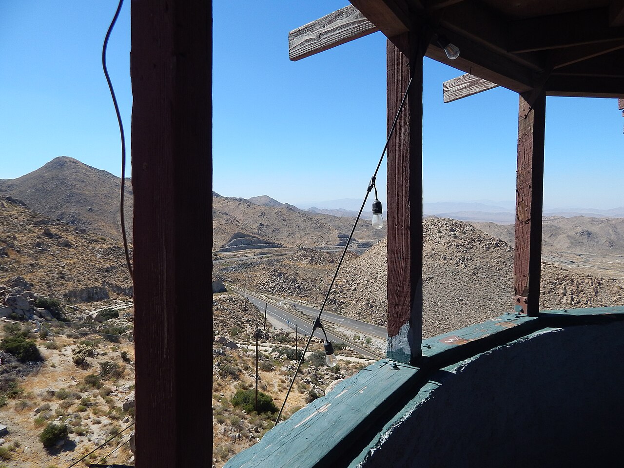 A view north toward Interstate 8 as it descends through the In-Ko-Pah area, seen from the top of the Desert View Tower near Jacumba Hot Springs, California.