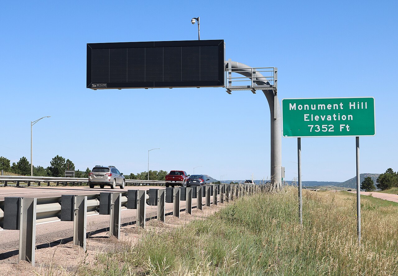 The summit of Monument Hill (Black Forest Divide) at about 7,352 ft on the Palmer Divide, where Interstate 25 crosses the high point between Denver and Colorado Springs.