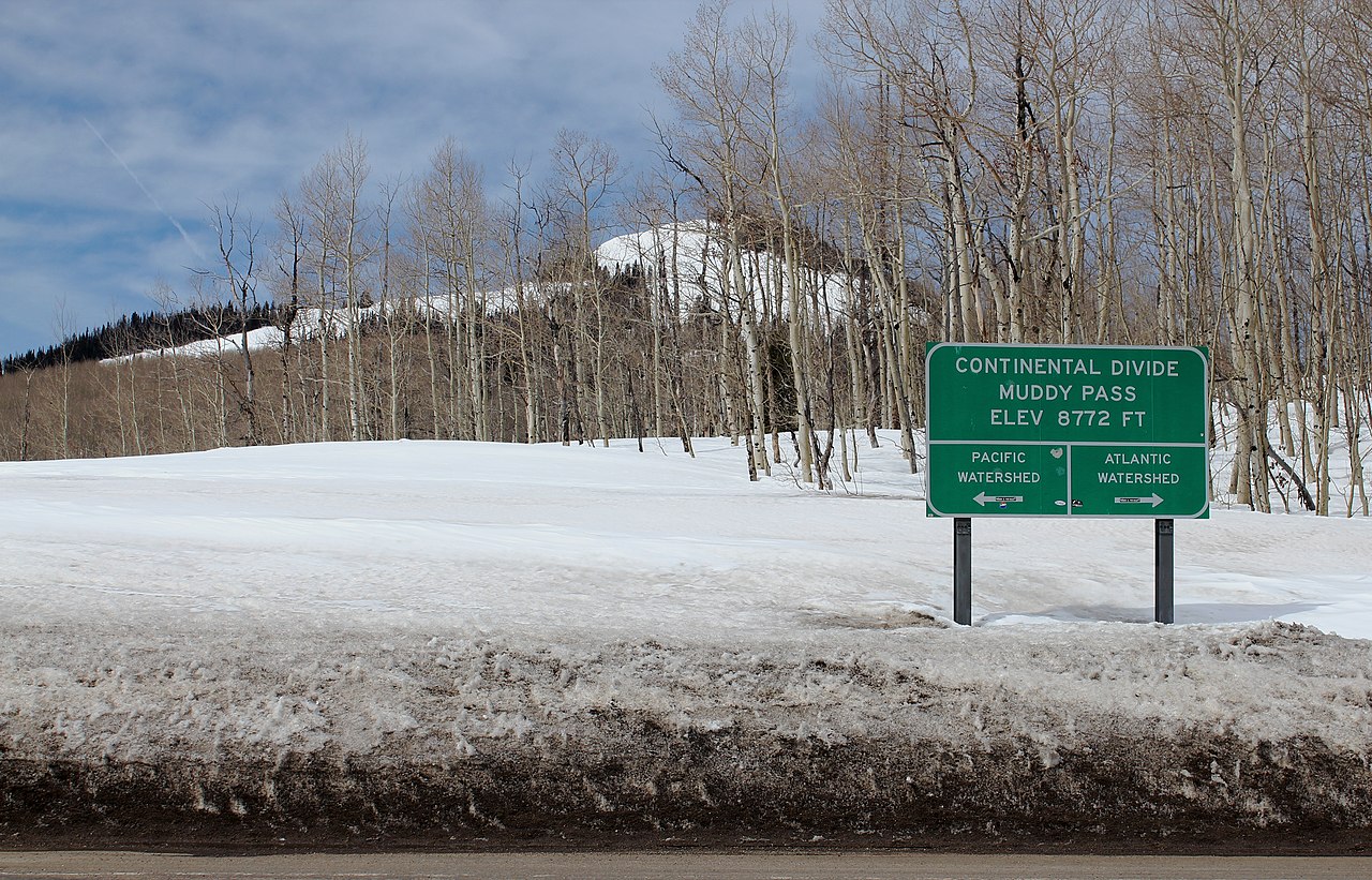 Muddy Pass on US-40, on the Continental Divide at the Grand County / Jackson County line in northern Colorado (photographed April 17, 2014).