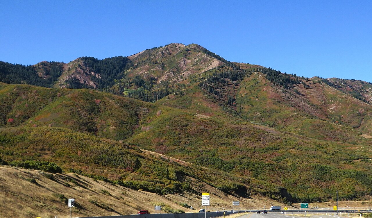 The northeast face of Mount Aire rises above Interstate 80 as it climbs through Parley's Canyon toward the summit.