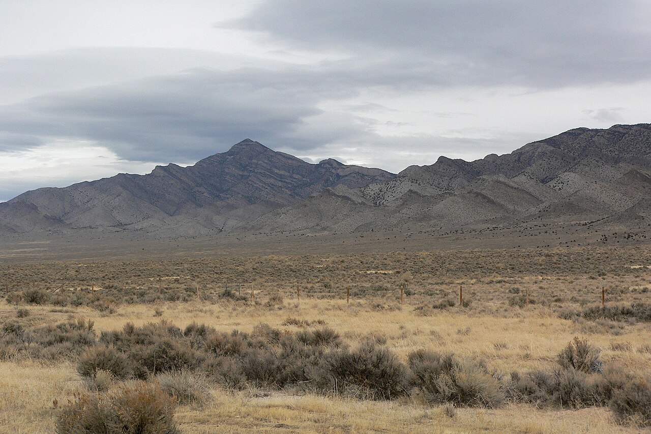 The Egan Range rises over Great Basin sagebrush in White Pine County, Nevada, the range US-50 crosses at Robinson Summit west of Ely.