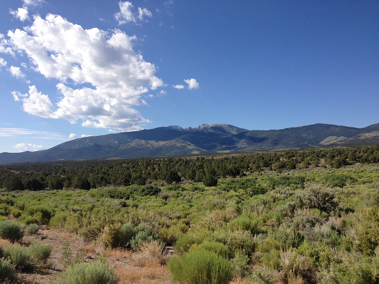 Looking toward 13,063-foot Wheeler Peak from U.S. Routes 6 and 50 near the 7,154-foot summit of Sacramento Pass in eastern Nevada.