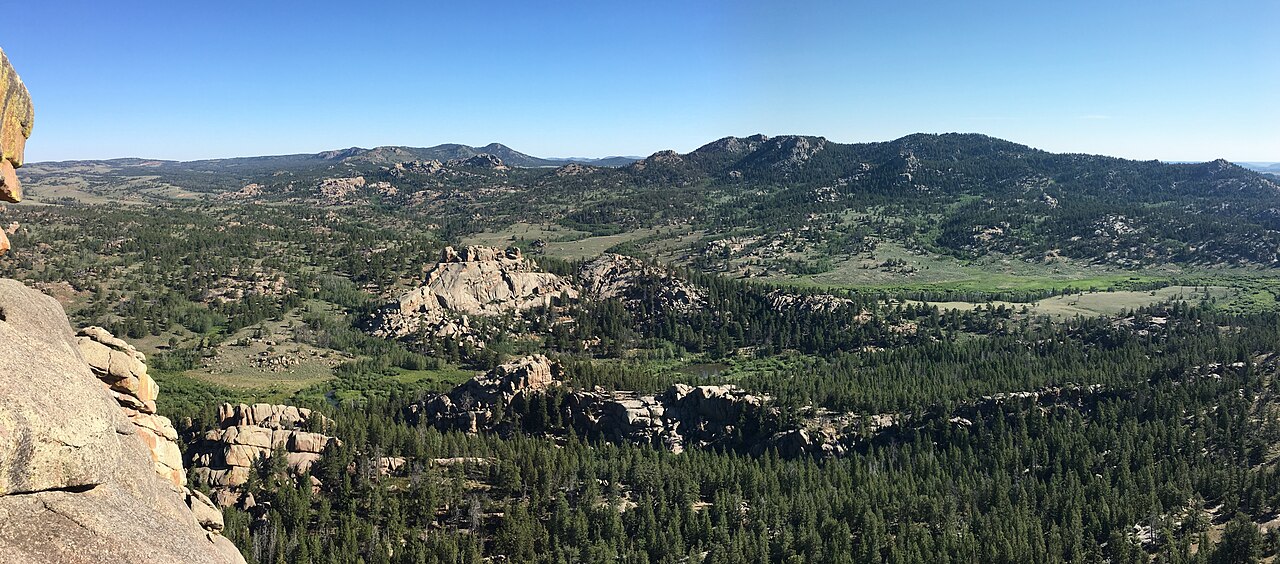 The granite formations of Vedauwoo rise beside Interstate 80 near Sherman Summit, the highest point on I-80 at 8,640 feet, in southeast Wyoming.