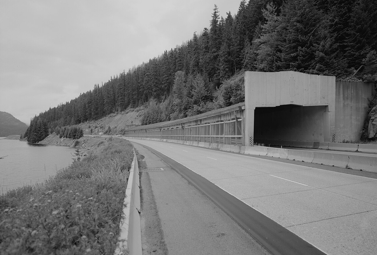 The Lake Keechelus snowshed over I-90 at Snoqualmie Pass, built in 1950 and removed in 2014