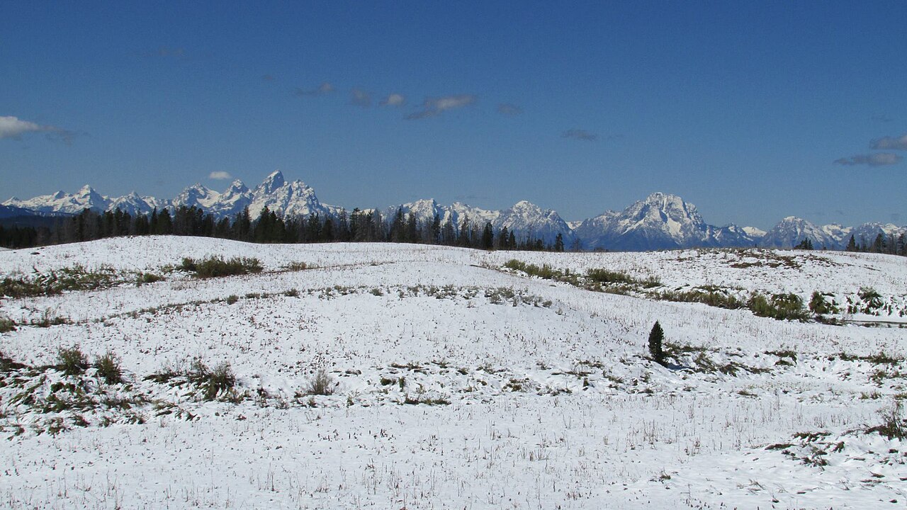 An eastward view along U.S. Route 26 from the 9,658-foot summit of Togwotee Pass in Wyoming.