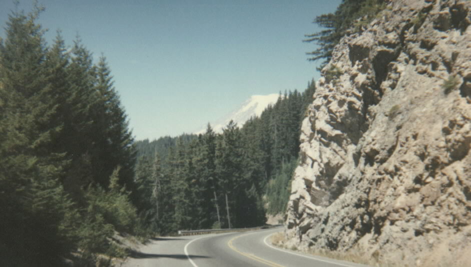 Mount Rainier rises above the Cascades as seen from the west side of White Pass, where US-12 crests the range at about 4,500 feet.